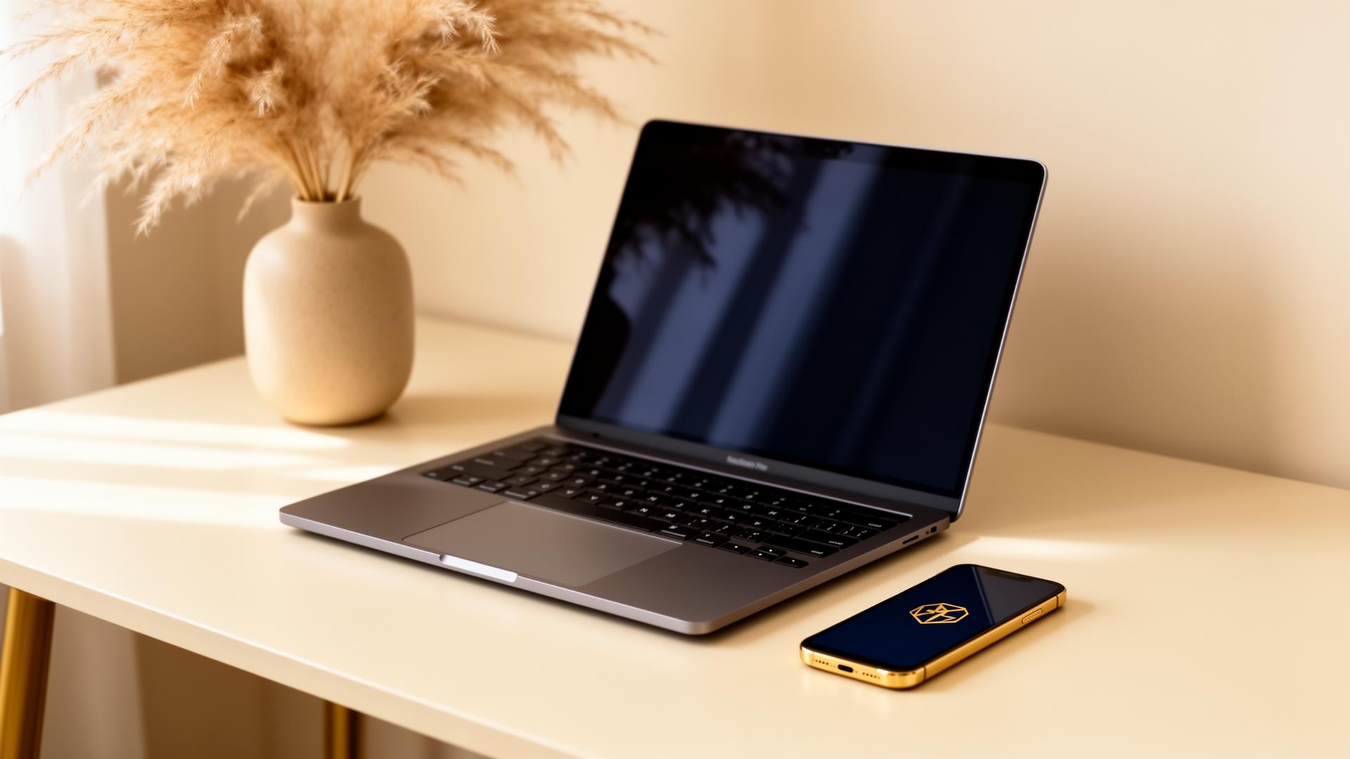 Modern workspace with laptop and phone